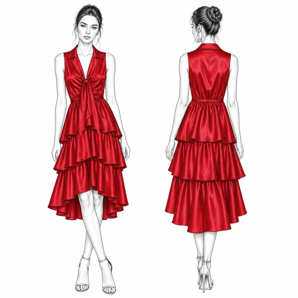 full-body black and white line art illustration of a woman in a fashion design style. She is wearing a sleeveless tiered ruffled dress with a collar and a tie front detail. Her hair is in an updo and she is posed with her legs crossed. The fabric is silk red
photorealistic fashion design, full-body black and white line art illustration of a woman in a fashion design style. She is wearing a sleeveless tiered ruffled dress with a collar and a tie front detail. Her hair is in an updo and she is posed with her legs crossed. The fabric is silk red
, formal style, just the design no text, show front and back