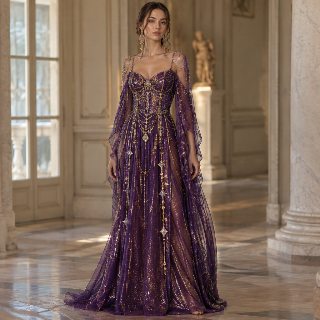 A Female Dress design, suitable for Fall. Robe longue violette scintillante avec des bijoux en or et en argent qui pendent et qui brillent. France fashion aesthetics. Present it as professional fashion catalogue photography: the garment is the subject, shown full-length with editorial styling, neutral posing and tasteful, non-suggestive framing.
photorealistic fashion design, A Female Dress design, suitable for Fall. Robe longue violette scintillante avec des bijoux en or et en argent qui pendent et qui brillent. France fashion aesthetics. Present it as professional fashion catalogue photography: the garment is the subject, shown full-length with editorial styling, neutral posing and tasteful, non-suggestive framing., just the design no text