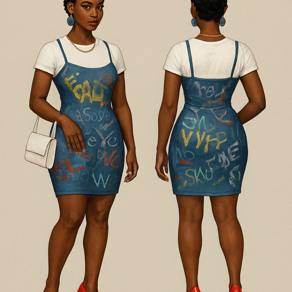 Black woman
Finger waves
White shirt short sleeved
Gold chain
Tight blue Jean spaghetti strapped dress with graffiti on it
Red heels white purse
Gold rings
Blue Jean earrings
Black woman
Finger waves
White shirt short sleeved
Gold chain
Tight blue Jean spaghetti strapped dress with graffiti on it
Red heels white purse
Gold rings
Blue Jean earrings
, show front and back