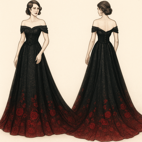 Black glittery wedding dress with long train. Made from chiffon, with corset top and back, with bottom fading into red with red embroidered roses. Wraparound shoulder sleeves.