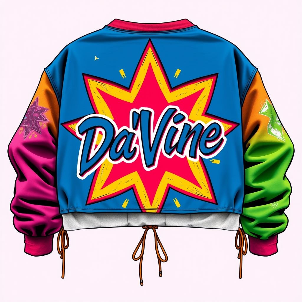 A oversized cropped Jersey with a star on it, that says “Da’Vine”
Design an oversized cropped jersey in bold colors, featuring a large, vibrant star at the center, emblazoned with the word “Da’Vine” in graffiti-style typography. Incorporate unique textures, like distressed hems and patchwork details. Combine urban-inspired elements like reflective trims and drawstring adjustments for a cutting-edge streetwear vibe, perfect for city exploration.