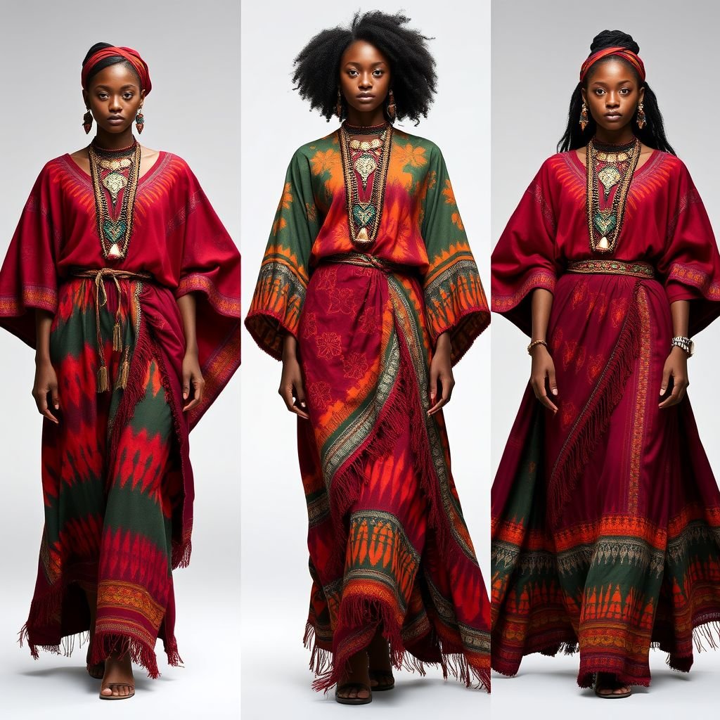 Ethiopian fashion
Envision a contemporary Ethiopian fashion collection that merges traditional handwoven cotton and vibrant tie-dye techniques. Incorporate flowing, asymmetrical silhouettes inspired by ancient tribal attire, adorned with intricate beadwork and metallic embellishments. Feature bold color palettes of deep reds, earth tones, and lush greens, celebrating cultural heritage while embracing modern elegance.