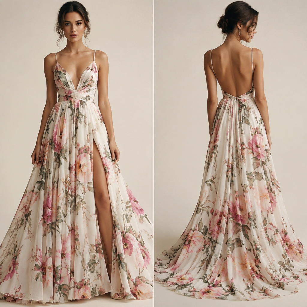 A backless flare and trending gown with a floral material
photorealistic fashion design, A backless flare and trending gown with a floral material , just the design no text, show front and back