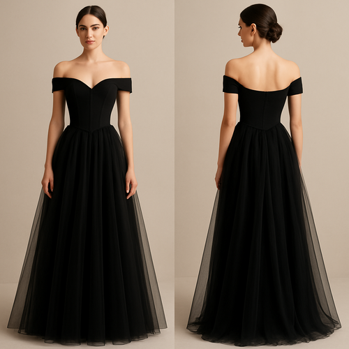 Black Off shoulder, princess cut corset top, sheer skirt dress. 