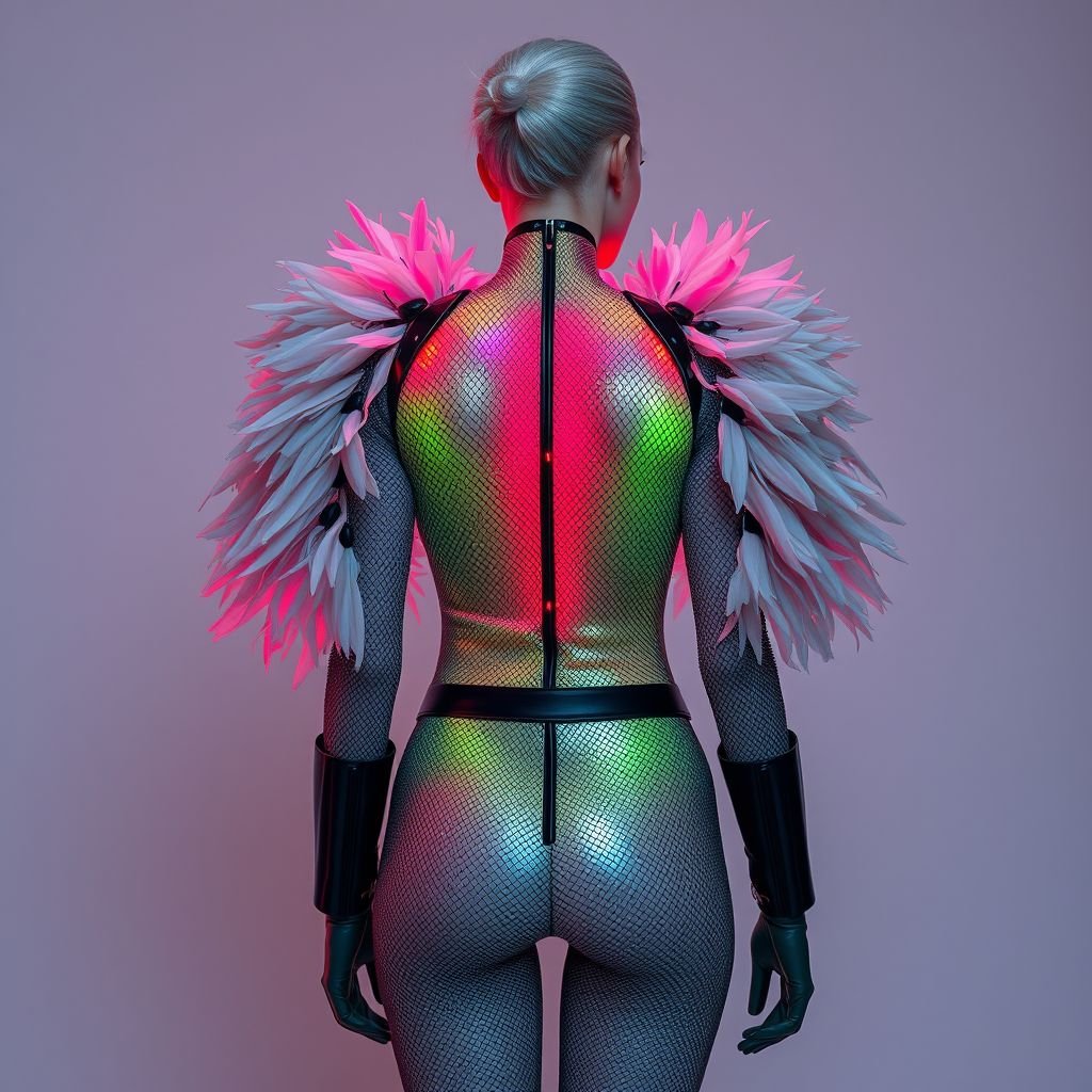 Bodysuit aus Metallic-Mesh mit Acid-Lime-Leuchteffekt. Darüber ein überdimensionaler Mantel aus silbernen Federn, fixiert durch breite, schwarze Gurte mit Klickverschlüssen. • Details: – Shoulder Pads aus recyceltem Plexiglas – Federn schimmern leicht rosa unter UV-Licht – Rücken-Cutout in Flammenform – Gürtel mit eingebautem QR-Code zu einem AR-Kunstwerk
Entwirf ein avantgardistisches Outfit im Szene-Stil: Ein bodenlanger Bodysuit aus glänzendem Metallic-Mesh mit einem lebendigen Acid-Lime-Leuchteffekt. Darüber schimmert ein überdimensionierter, extravagante Mantel aus silbernen Federn, die bei UV-Licht dezent rosa strahlen. Breite, schwarze Gurte mit Klickverschlüssen halten das Ensemble zusammen, während die ausgefallenen Schulterpolster aus recyceltem Plexiglas futuristisch wirken. Ein beeindruckender Rücken-Cutout in Flammenform und ein Gürtel mit eingebautem QR-Code führen zu einem interaktiven AR-Kunstwerk, das die Grenzen zwischen Mode und digitaler Kunst sprengt.