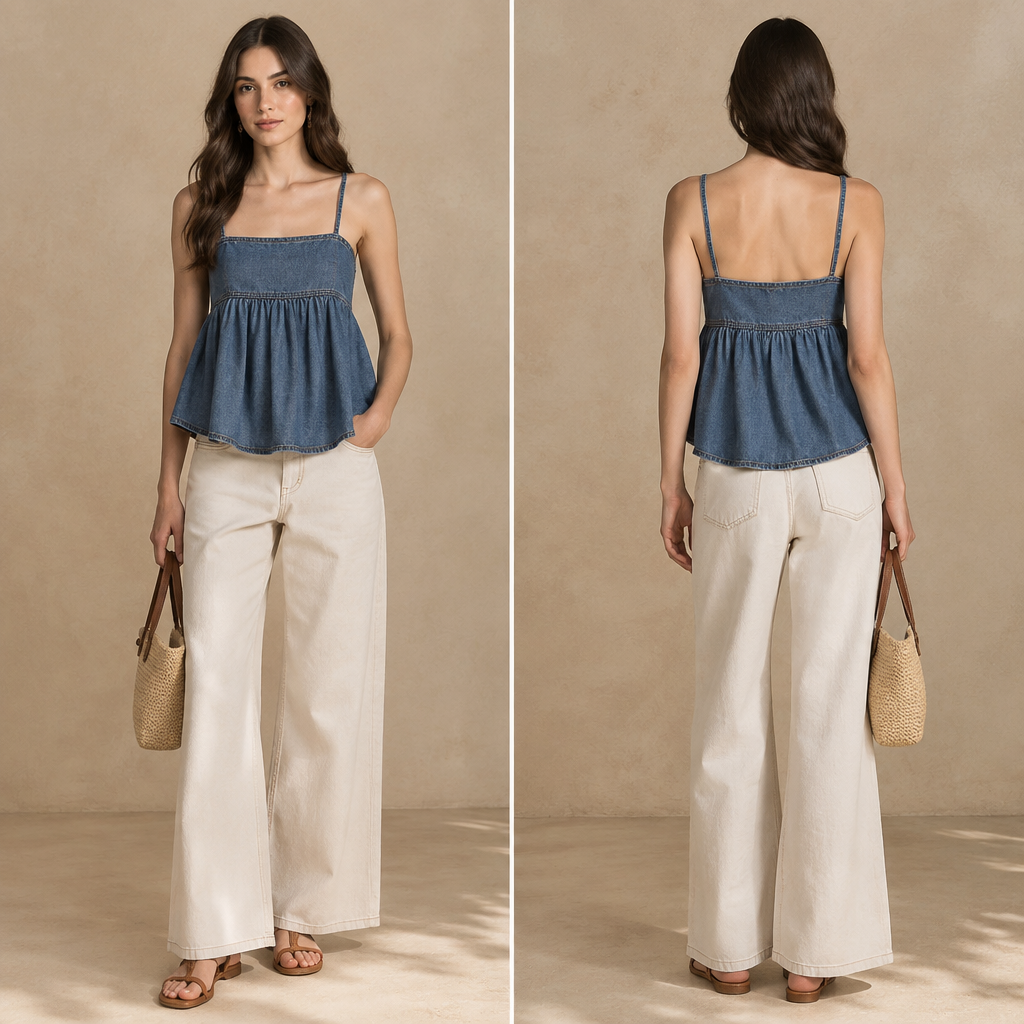 A Female Top design, made of Denim, with a light, flowing drape, with a Tailored silhouette, in a Monochrome color palette, for Casual, suitable for Spring, suited to a Temperate climate, in Casual style, shown on a model with fair skin and a slim figure. Mexico fashion aesthetics. Present it as professional fashion catalogue photography: the garment is the subject, shown full-length with editorial styling, neutral posing and tasteful, non-suggestive framing.
photorealistic fashion design, A Female Top design, made of Denim, with a light, flowing drape, with a Tailored silhouette, in a Monochrome color palette, for Casual, suitable for Spring, suited to a Temperate climate, in Casual style, shown on a model with fair skin and a slim figure. Mexico fashion aesthetics. Present it as professional fashion catalogue photography: the garment is the subject, shown full-length with editorial styling, neutral posing and tasteful, non-suggestive framing., casual style, just the design no text, show front and back