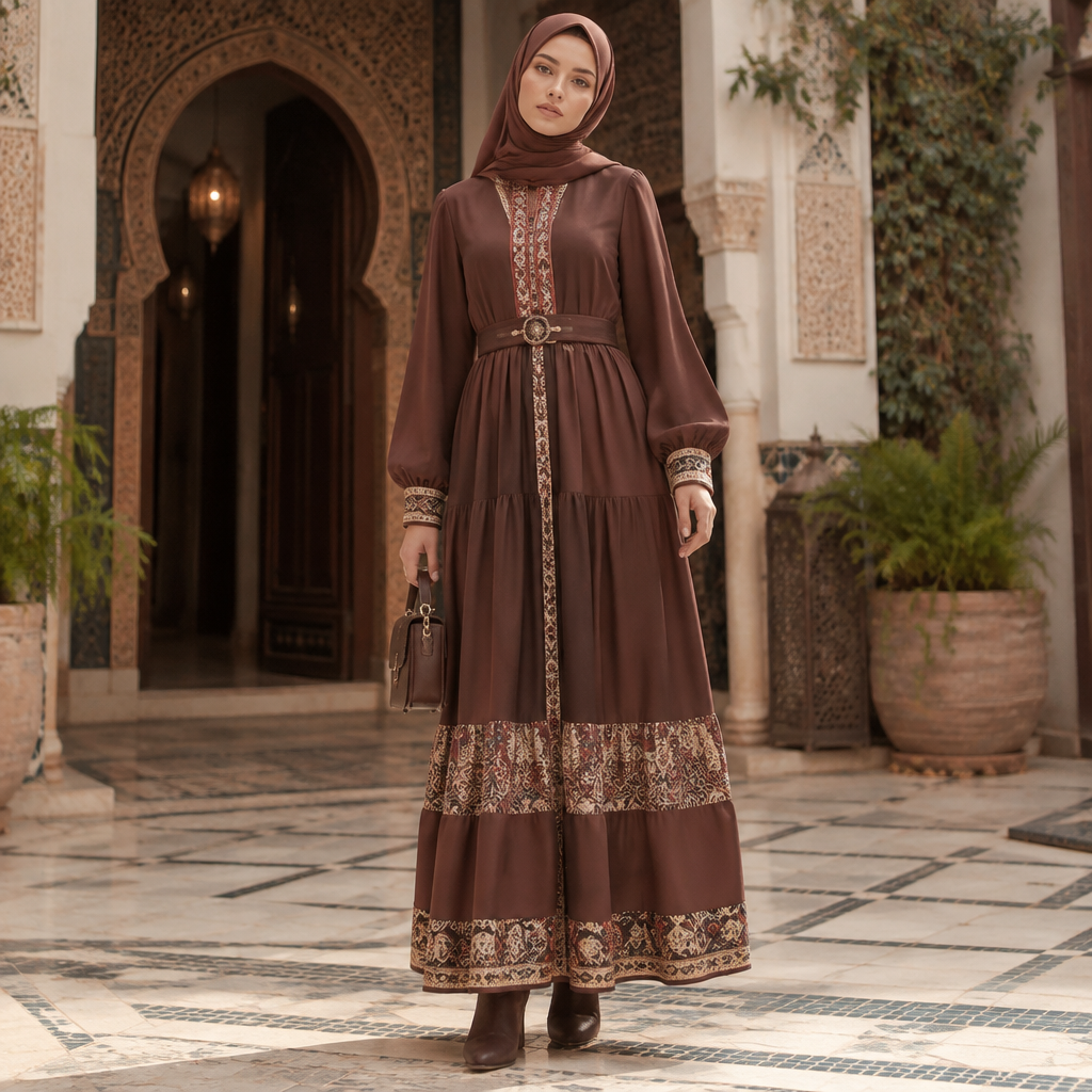 A Female Dress design, with modest, full coverage: longer hemlines, higher necklines and covered shoulders, suitable for Fall, in Classic style. لطيف وأنتاوي ومحتشم. Morocco fashion aesthetics. Present it as professional fashion catalogue photography: the garment is the subject, shown full-length with editorial styling, neutral posing and tasteful, non-suggestive framing.
photorealistic fashion design, A Female Dress design, with modest, full coverage: longer hemlines, higher necklines and covered shoulders, suitable for Fall, in Classic style. لطيف وأنتاوي ومحتشم. Morocco fashion aesthetics. Present it as professional fashion catalogue photography: the garment is the subject, shown full-length with editorial styling, neutral posing and tasteful, non-suggestive framing., classic style, just the design no text