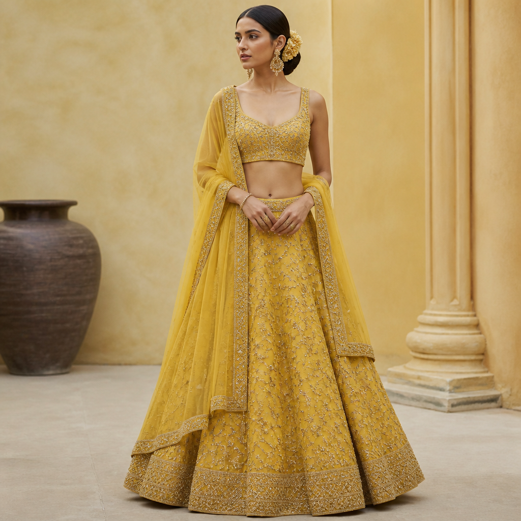 A Female Lehenga design, suitable for Fall, in Elegant style. mujhe aisa hi Linga chahie per color uska yellow Hona chahie. India fashion aesthetics. Present it as professional fashion catalogue photography: the garment is the subject, shown full-length with editorial styling, neutral posing and tasteful, non-suggestive framing.
photorealistic fashion design, A Female Lehenga design, suitable for Fall, in Elegant style. mujhe aisa hi Linga chahie per color uska yellow Hona chahie. India fashion aesthetics. Present it as professional fashion catalogue photography: the garment is the subject, shown full-length with editorial styling, neutral posing and tasteful, non-suggestive framing., elegant style, just the design no text