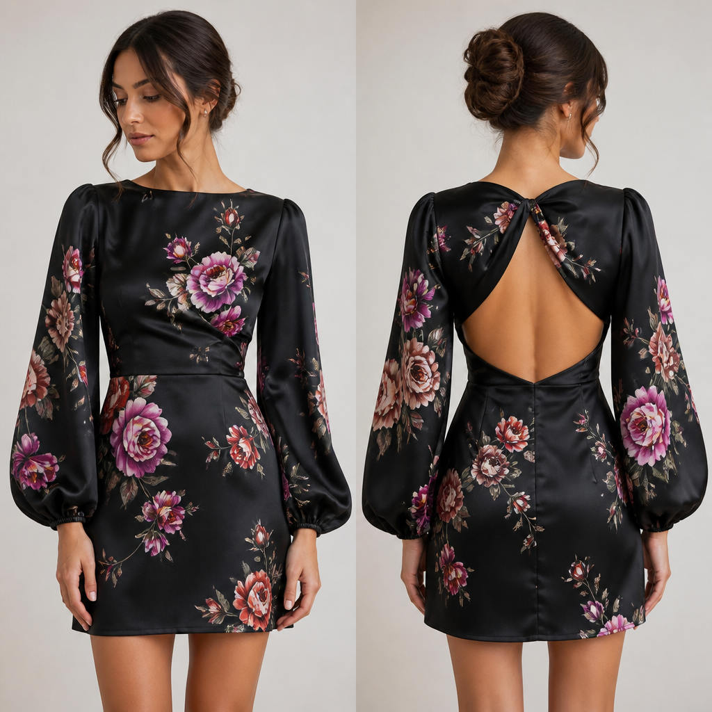 A Female Dress design, made of Satin, for Party, suitable for Spring, in Elegant + Colorful + Handmade style. a black short dress with flowery designs in it, a long sleeve(a little baggy) with a thin elastic end with a unique design at the back
photorealistic fashion design, A Female Dress design, made of Satin, for Party, suitable for Spring, in Elegant + Colorful + Handmade style. a black short dress with flowery designs in it, a long sleeve(a little baggy) with a thin elastic end with a unique design at the back, elegant style, just the design no text, show front and back