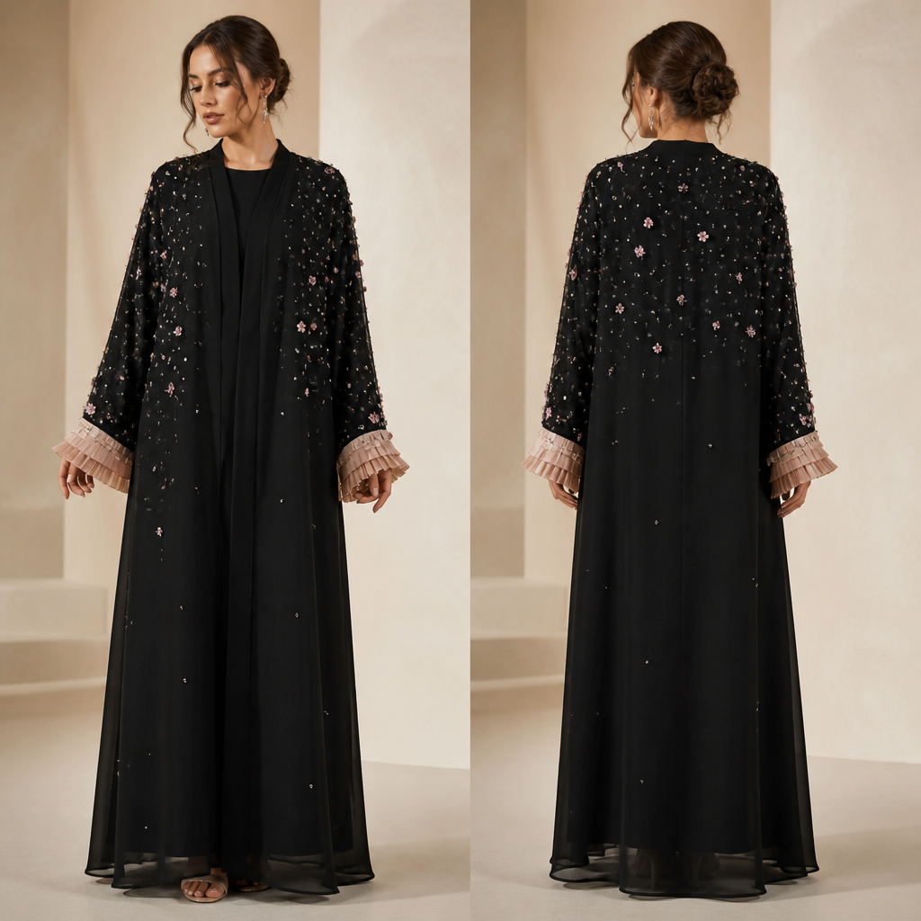 8. Modern black chiffon abaya with scattered crystal rhinestones and tiny 3D flowers across the sleeves, subtle champagne and blush-pink details, unique structured cuffs, straight flowing silhouette, glamorous but youthful, not a dress, front and back view.
photorealistic fashion design, 8. Modern black chiffon abaya with scattered crystal rhinestones and tiny 3D flowers across the sleeves, subtle champagne and blush-pink details, unique structured cuffs, straight flowing silhouette, glamorous but youthful, not a dress, front and back view., just the design no text, show front and back