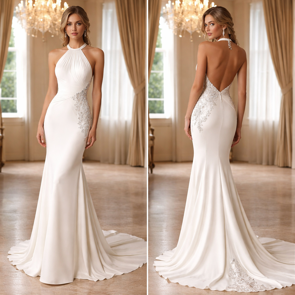 I want a halter neck dress with proper structure. Fitted and long like a wedding dress. No beading but with embellished on some places.
I want a halter neck dress with proper structure. Fitted and long like a wedding dress. No beading but with embellished on some places. , designer style, show front and back