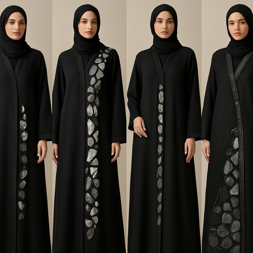 Create a modest abaya that's the first of its kind, featuring a unique stone design that exudes a classy and sophisticated vibe. I'd like four designs, each showcasing different styles and fabrics.
Incorporate high-end, unique chic stone designs to make them truly special. Add a little sophisticated stone work to it.
