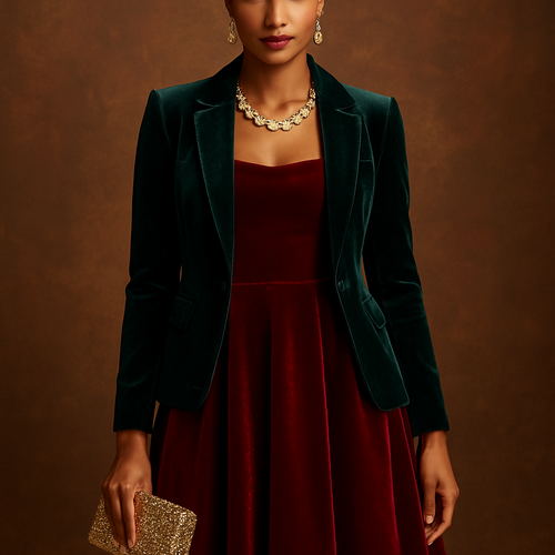 Festive Attire variation of cocktail attire, blending elegance with seasonal flair through elements like rich colors, holiday sparkle, and festive fabrics such as velvet, sequins, and metallics. 