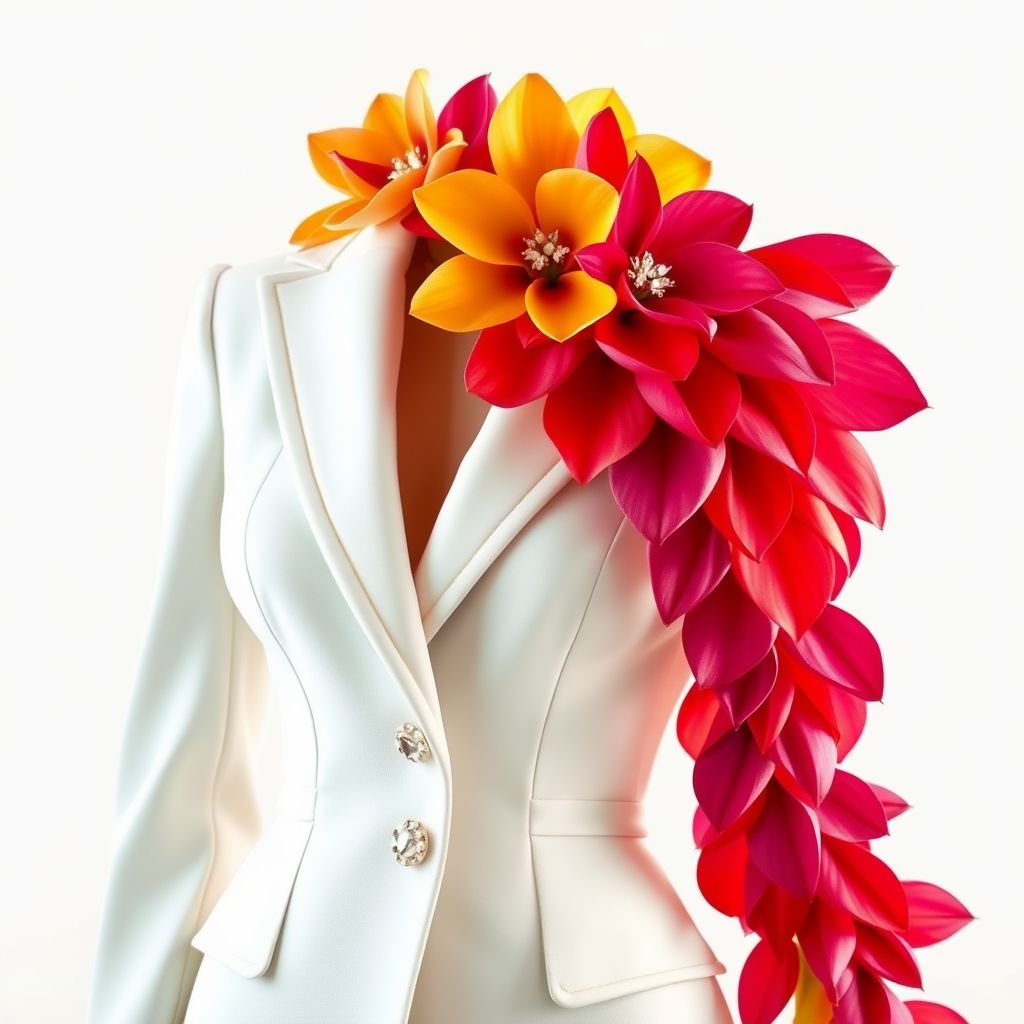 Create a beautiful Gown with structured top that looks like a suit, but one handed and also designed with crystals and on the side that has that has a sleeve. It should have three colors and on the edge of the collar. It should be a flower pedal so that all the other colors look like part of the flower. Make it one sleeve and the collar should start from the right to the left and the base of the collar should be a flower and the three colors that follow it is gonna look like petals join to the flowers. Make the right side sleeveless
Design an exquisite haute couture gown, blending tailored sophistication with artistic flair. The structured bodice mimics a stylish suit, adorned with shimmering crystals. One graceful sleeve drapes elegantly, while the opposite side remains sleeveless. The collar, a floral masterpiece, features vibrant petals in three harmonious colors, cascading down to exude ethereal beauty.