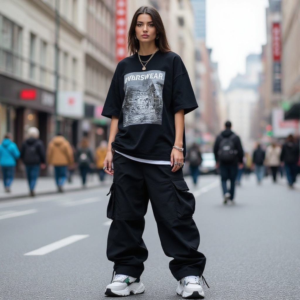 graphic T-shirt with black baggy pants
Streetwear fashion: Oversized cotton graphic T-shirt with black baggy cargo pants and chunky sneakers.