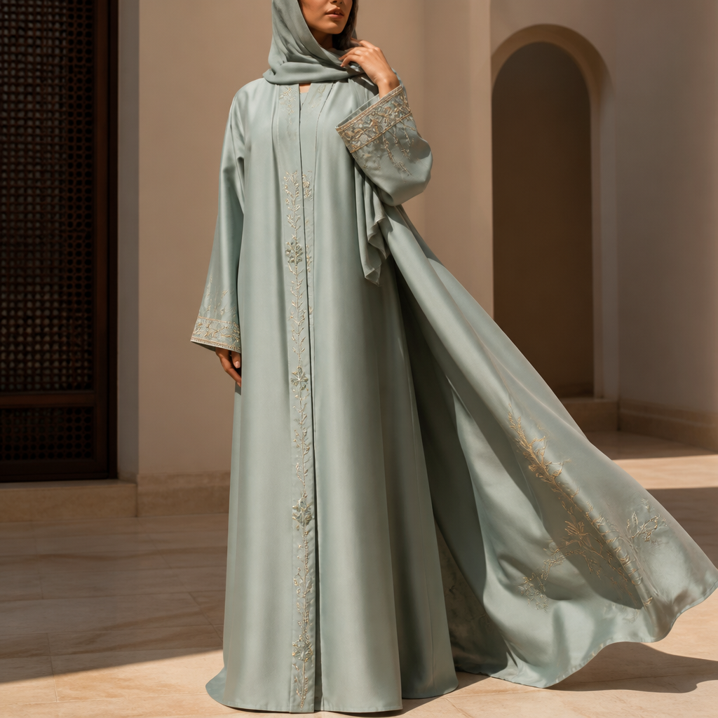 A Female fashion design. Consider Saudi/Gulf fashion — abaya, modest luxury, opulent fabrics, contemporary modest fashion, designer abayas and kaftans. Current season is Summer in Saudi Arabia.
photorealistic fashion design, A Female fashion design. Consider Saudi/Gulf fashion — abaya, modest luxury, opulent fabrics, contemporary modest fashion, designer abayas and kaftans. Current season is Summer in Saudi Arabia., just the design no text