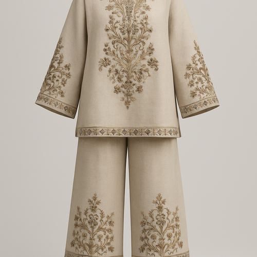 Create me a sophisticated dress chic unique first in the world and it’s kind two pice modest linen loose pants and loose top adding rich taste embroidery and stone designs in minimalist sophisticated colors