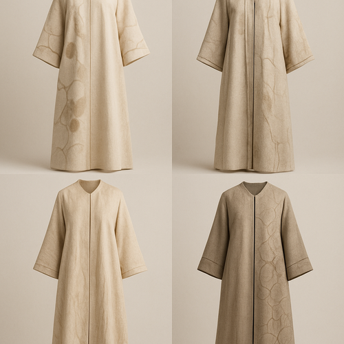 Create a modest two-piece linen abaya, the first of its kind, featuring a unique stone design that exudes a classy and sophisticated vibe. I’d like four designs, each showcasing different styles and fabrics. Incorporate high-end, unique chic stone designs to make them truly special. Add little sophisticated stone designs.