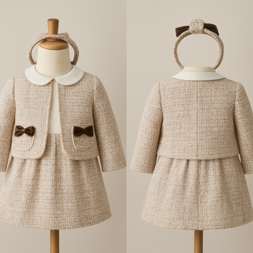 1歳の女の子のベビー服
ツイードのジャケットとスカート部分がツイードのワンピースのセットアップ
ワンピースの上半身部分は白で丸襟
ジャケットの両ポケットの位置にベロア素材のリボン
頭にはジャケットについてるリボンと同じもののカチューシャ