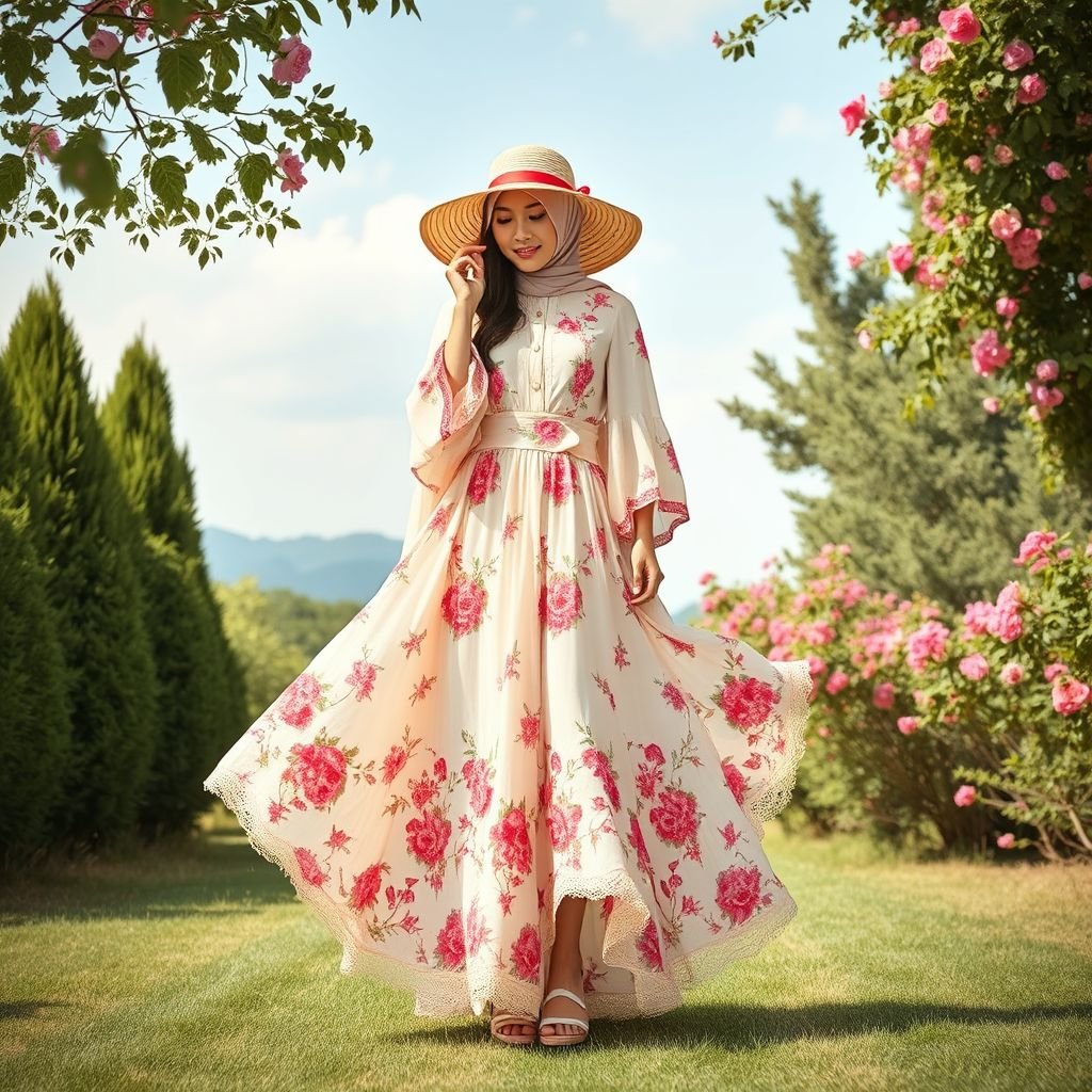 Very Romantic, modern, French inspired Muslim dress
Design a stunning seventies-inspired Muslim dress that combines romantic elements with modern flair. Picture flowing maxi silhouettes in soft, floral prints, featuring billowy sleeves and a cinched waist. Incorporate luxurious fabrics like chiffon and silk, adorned with lace trim. Complete the look with a wide-brimmed hat and platform sandals for that nostalgic vibe.