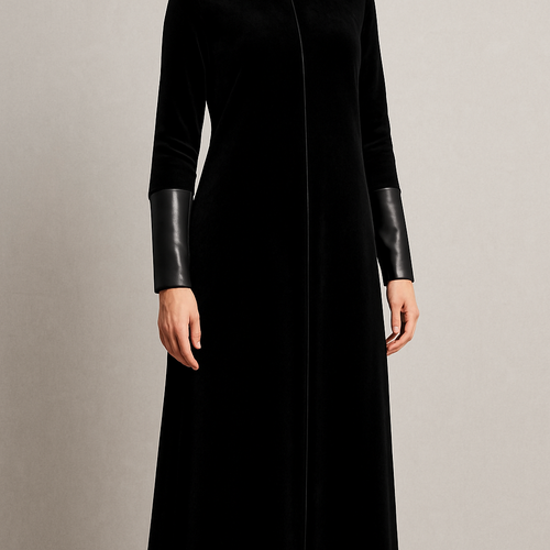 An abaya that is closed (jalabiya), tight sleeves. Made of 2 different fabrics black velvet and black leather. The leather should be on the sleeves like the last 15 cms of the sleeves, and as well the edge of the neck around it standing up, and the whole closed abaya should be made of black velvet