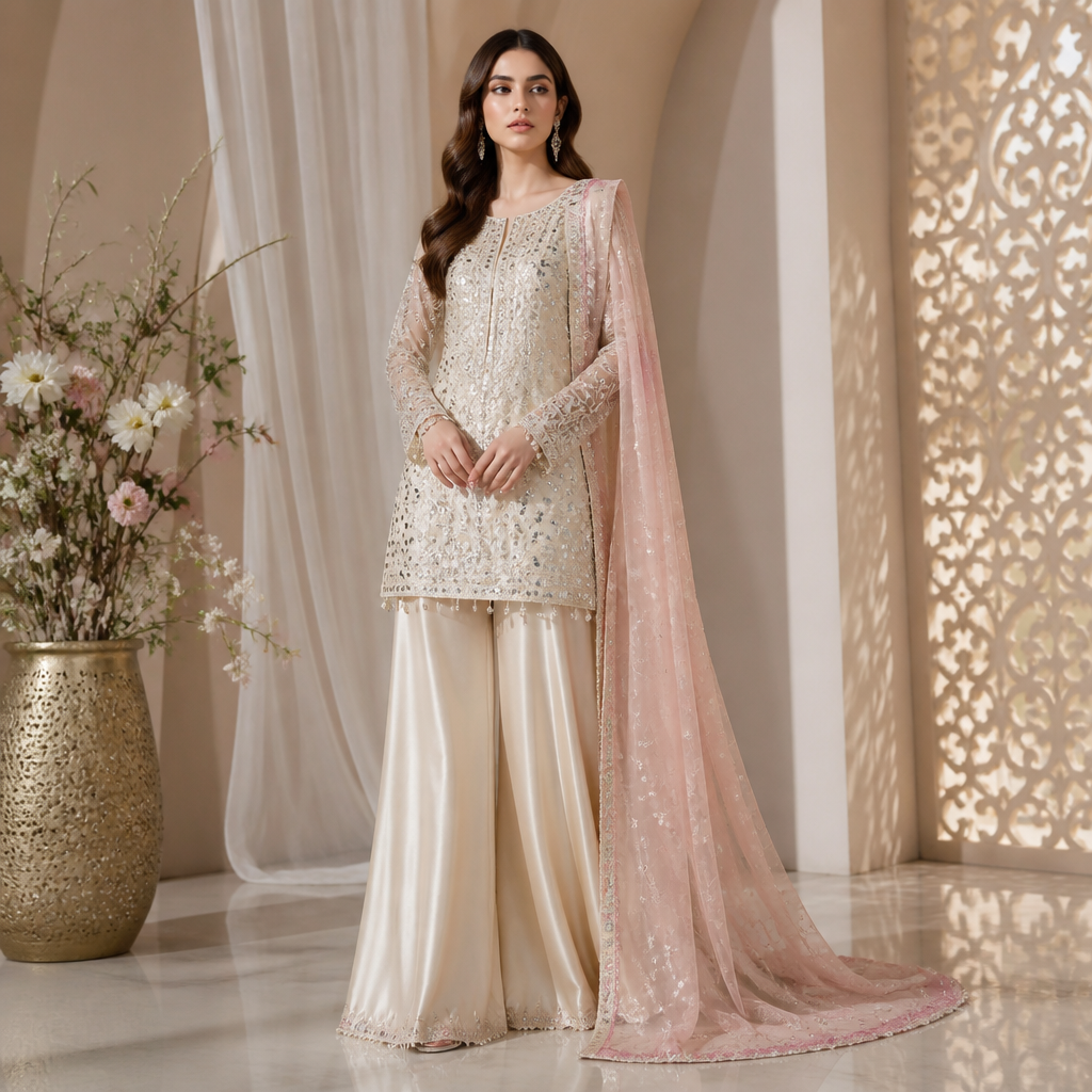 style glamorous
fabric silk
occasion wedding
color , off-white and skin with mirror work
fit kurta and plazoo with light pink dupataa
body slim
skin tone fair
fabric feel shiny and glowy
with asthetic background and light elegant make mup
short kurta. Pakistan fashion aesthetics. Present it as professional fashion catalogue photography: the garment is the subject, shown full-length with editorial styling, neutral posing and tasteful, non-suggestive framing.
photorealistic fashion design, style glamorous
fabric silk
occasion wedding
color , off-white and skin with mirror work
fit kurta and plazoo with light pink dupataa
body slim
skin tone fair
fabric feel shiny and glowy
with asthetic background and light elegant make mup
short kurta. Pakistan fashion aesthetics. Present it as professional fashion catalogue photography: the garment is the subject, shown full-length with editorial styling, neutral posing and tasteful, non-suggestive framing., just the design no text