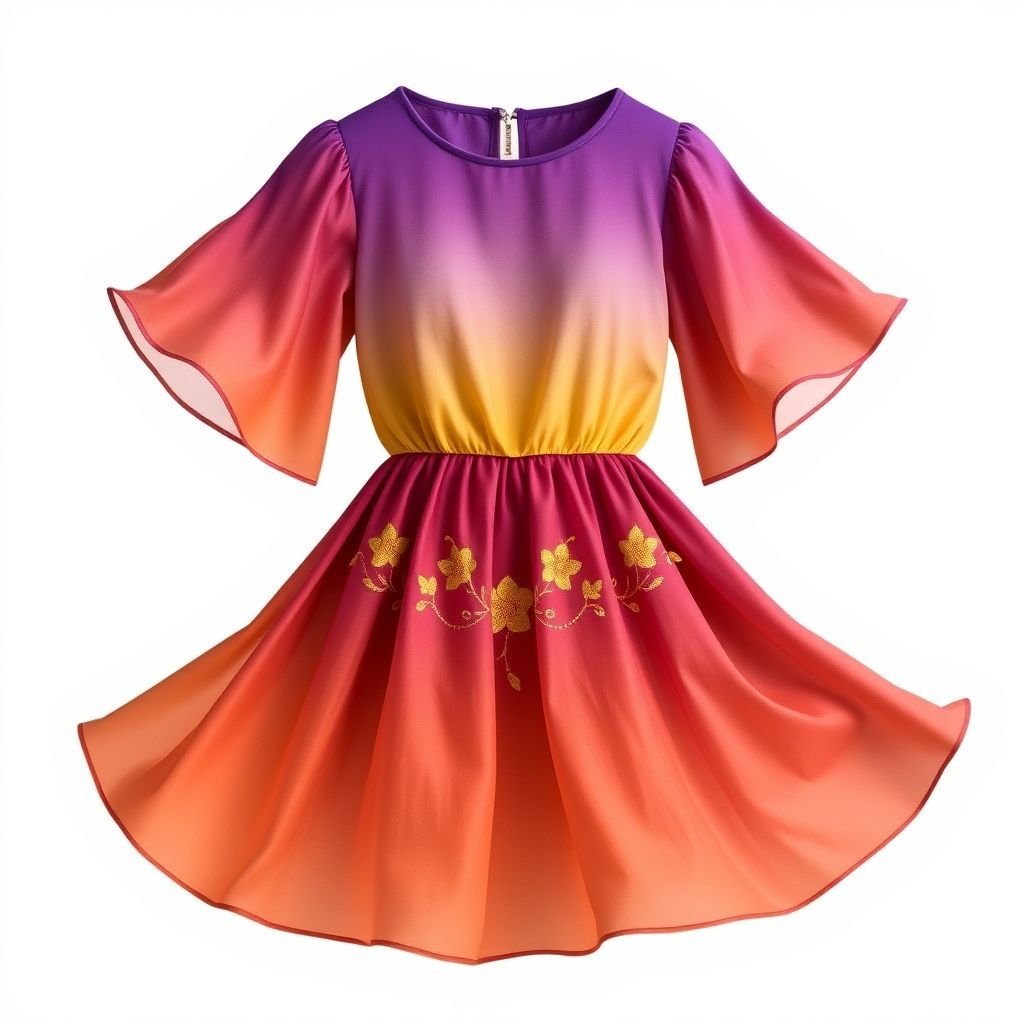short dress purple and gold ombré effect all over with small gold flowers around the waist line
Design a whimsical short dress featuring a stunning purple and gold ombré effect that captures the essence of a sunset. Delicate, hand-embroidered gold flowers embellish the waistline, creating an enchanting focal point. Flowing, lightweight fabric drapes elegantly, with flutter sleeves that add a hint of ethereal charm, perfect for daytime gatherings or evening soirées.