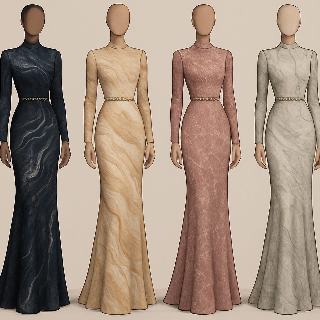 Create a modest sexy elegant long fittted dress , the first of its kind, featuring a unique stone design that exudes a classy and sophisticated vibe. I'd like four designs, each showcasing different styles and fabrics. Incorporate high-end, unique chic stone designs to make them truly special. Add little sophisticated stone designs.
Create a modest sexy elegant long fittted dress , the first of its kind, featuring a unique stone design that exudes a classy and sophisticated vibe. I'd like four designs, each showcasing different styles and fabrics. Incorporate high-end, unique chic stone designs to make them truly special. Add little sophisticated stone designs.