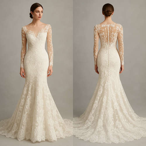 Chantilly lace, mermaid wedding dress,elaborate train, long sleeve, sheer look at the yoke well snatched at the waistline