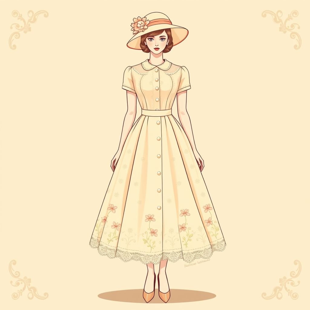Sally
Design a vintage-inspired dress for Sally, featuring a classic A-line silhouette adorned with delicate lace and floral embroidery. The fabric should be a soft pastel, reminiscent of the 1950s, with a tea-length hem. Accentuate with pearl buttons, a cinched waist, and a matching wide-brimmed hat for an elegant retro flair.
