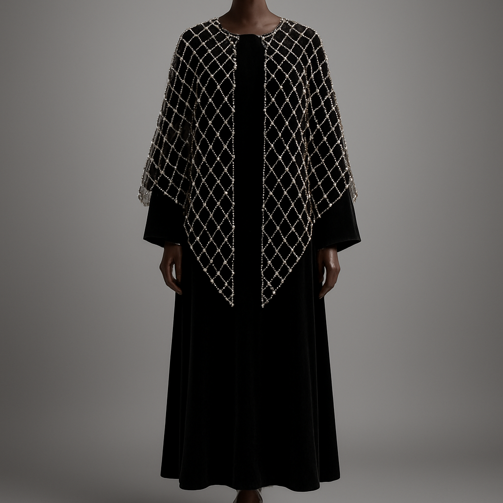 
6) Pearl drape lattice  
Photorealistic full-length black velvet ankle-length abaya on a luxurious polished dark-walnut wooden mannequin with carved pedestal, ankle visible; delicate lattice of small ivory pearls and clear crystals forming a loose overlay from shoulders to mid-thigh, creating a draped cape illusion. Studio: soft diffuse key + subtle rim, soft gray gradient. (Midjourney: --ar 2:3 --v 5 --q 2)


6) Pearl drape lattice  
Photorealistic full-length black velvet ankle-length abaya on a luxurious polished dark-walnut wooden mannequin with carved pedestal, ankle visible; delicate lattice of small ivory pearls and clear crystals forming a loose overlay from shoulders to mid-thigh, creating a draped cape illusion. Studio: soft diffuse key + subtle rim, soft gray gradient. (Midjourney: --ar 2:3 --v 5 --q 2)