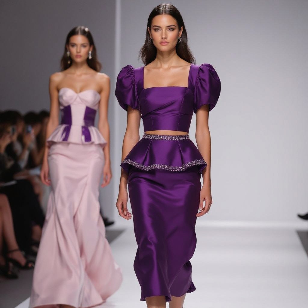 Triple toned shades of purple 3piece outfit with short puff sleeves and oval neck line a beaded hem on the corset part which is right above the knees and the inner straight skirt
Dainty triple-toned purple silk shantung 3-piece set with a cropped, oval-neck, short puff-sleeve top and beaded hem, worn over a knee-length corset and a slim pencil skirt.