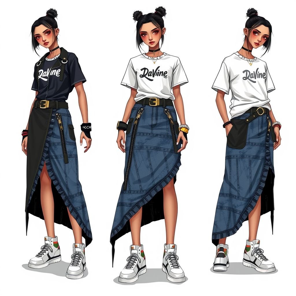 A asymmetrical maxi skirt, that has belt buckles and zippers connect to and around a logo. I want the logo to have a “Da’Vine” on it
Design an edgy, asymmetrical maxi skirt blending urban rebellion with elegance. Crafted from a mix of textured nylon and denim, it features striking belt buckles and bold zippers intricately connecting to a prominent "Da’Vine" logo center stage. Layered with oversized graphic tees and chunky sneakers, this streetwear pièce de résistance transports fashion to the forefront.