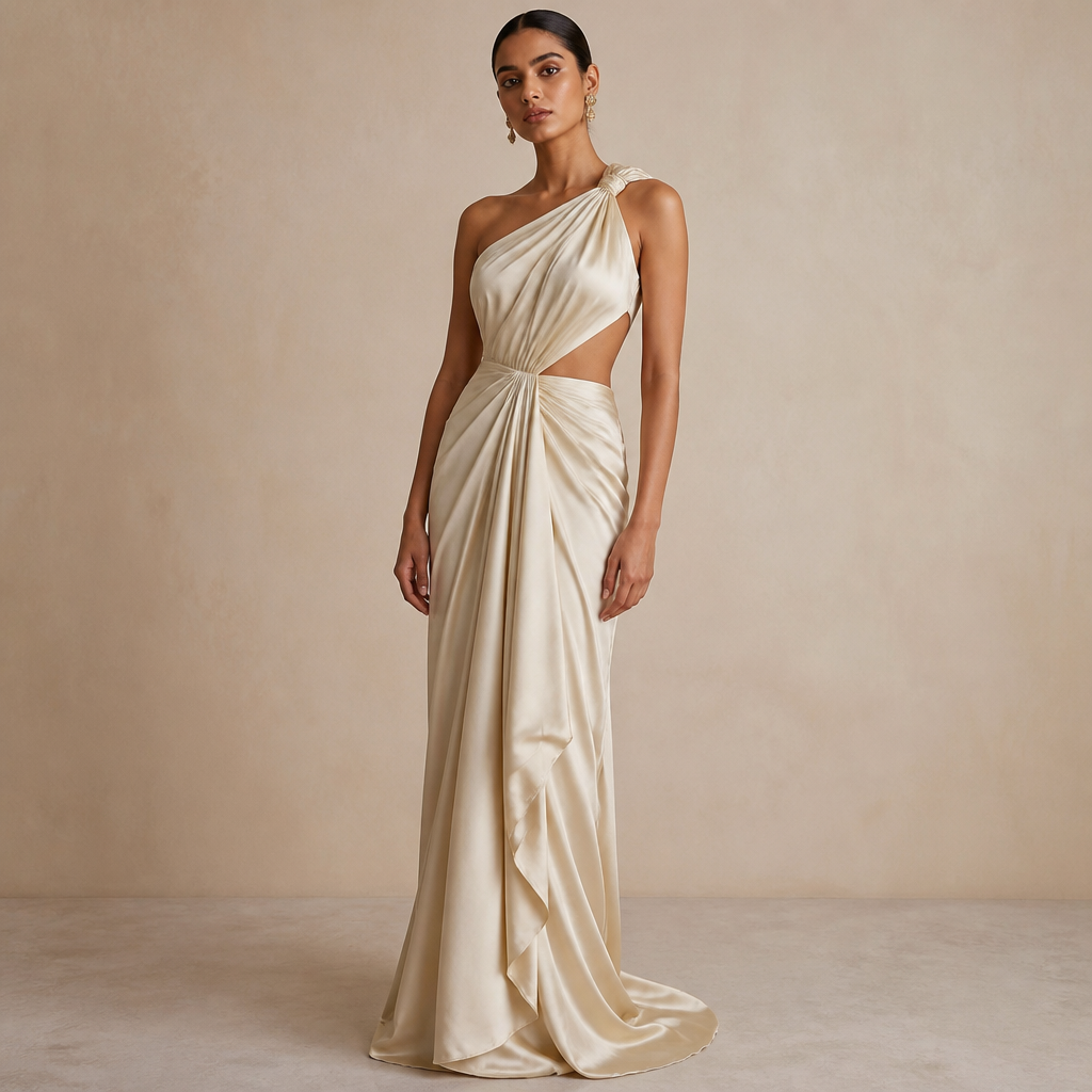 A Female fashion design. this is a dress that I want in silk fabric so don't change the style of draping just replace the fabric. India fashion aesthetics.
photorealistic fashion design, A Female fashion design. this is a dress that I want in silk fabric so don't change the style of draping just replace the fabric. India fashion aesthetics., just the design no text