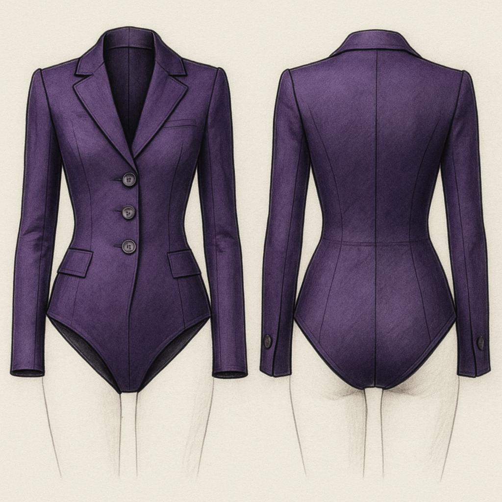 A bodysuit that is essentially a tailored suit for women in purple with gray buttons.

A bodysuit that is essentially a tailored suit for women in purple with gray buttons., show front and back