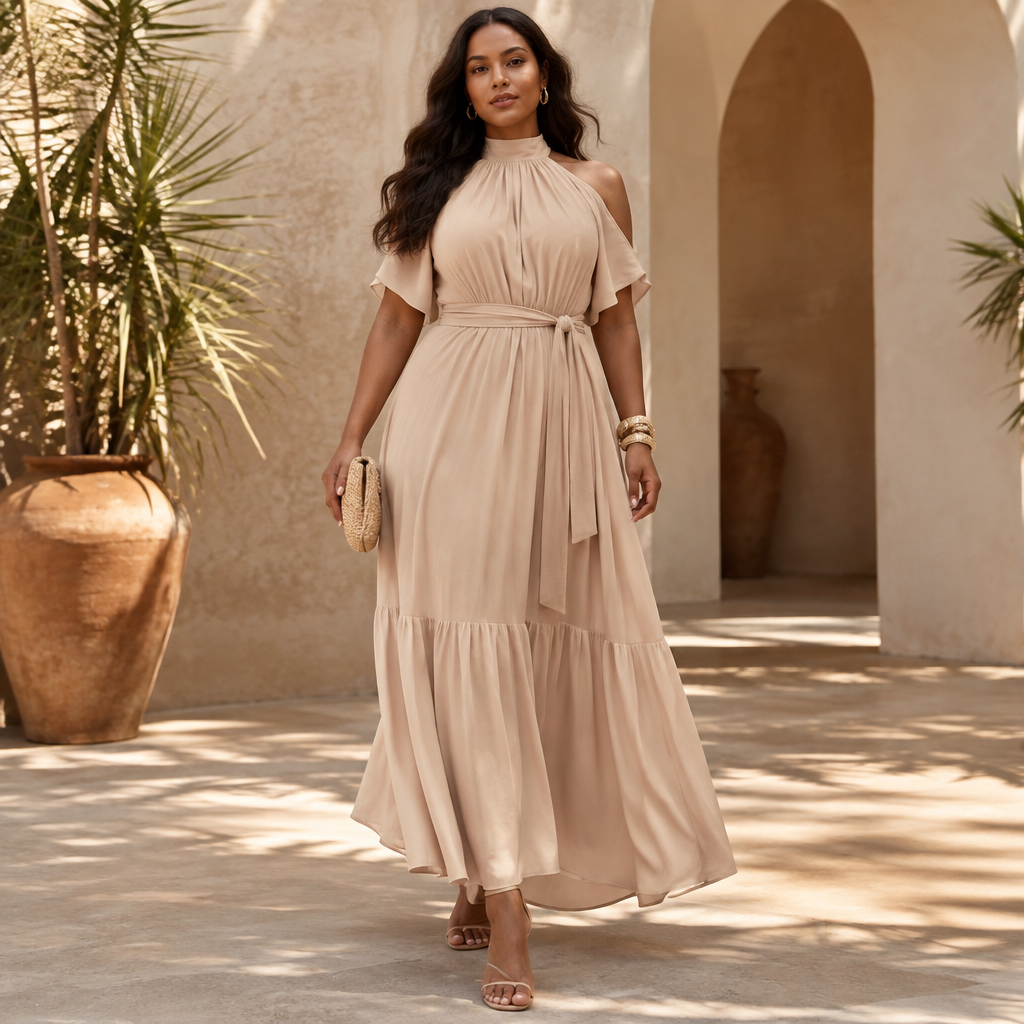 A Female Dress design, made of Silk, with a light, flowing drape, with a Relaxed silhouette, with modest, full coverage: longer hemlines, higher necklines and covered shoulders, in a Neutrals color palette, for Party, suitable for Spring, suited to a Dry & Arid climate, in Elegant + Casual style, shown on a model with brown skin and a curvy figure. Brazil fashion aesthetics. Present it as professional fashion catalogue photography: the garment is the subject, shown full-length with editorial styling, neutral posing and tasteful, non-suggestive framing.
photorealistic fashion design, A Female Dress design, made of Silk, with a light, flowing drape, with a Relaxed silhouette, with modest, full coverage: longer hemlines, higher necklines and covered shoulders, in a Neutrals color palette, for Party, suitable for Spring, suited to a Dry & Arid climate, in Elegant + Casual style, shown on a model with brown skin and a curvy figure. Brazil fashion aesthetics. Present it as professional fashion catalogue photography: the garment is the subject, shown full-length with editorial styling, neutral posing and tasteful, non-suggestive framing., elegant style, just the design no text