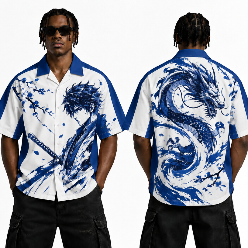 Make a different bold, beautiful and cool anime designs on a blue stripe shirt
edit the attached fashion design with these instructions: Make a different bold, beautiful and cool anime designs on a blue stripe shirt. keep it photorealistic, just the design no text