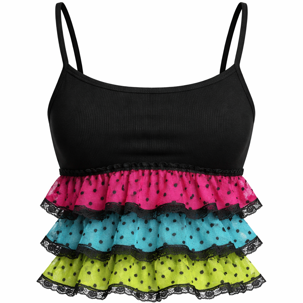 pretty black form fitting tank top with lace ruffle layers at the bottom. a hot pink with black polka dots layer, an aqua with black polka dots layer and a bright green with black polka dots layer. a little edgy.
Form-fitting tank top, black cotton, with lace ruffle layers. Ruffles feature hot pink, aqua, and bright green layers with black polka dot pattern. Cropped silhouette.
