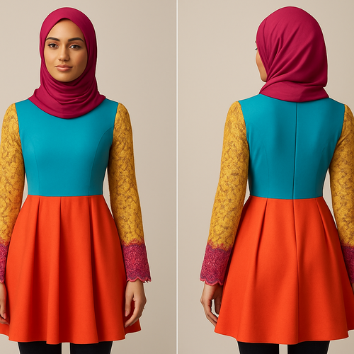 Design a casual dress for hijab-wearing girls, featuring intricate details on the sleeves and cuffs. The dress should have bright, vibrant colors, a modern and trendy cut, short length, and convey a luxurious, feminine, royal vibe suitable for everyday wear. Integrate elegant lace fabric into the design for added sophistication.