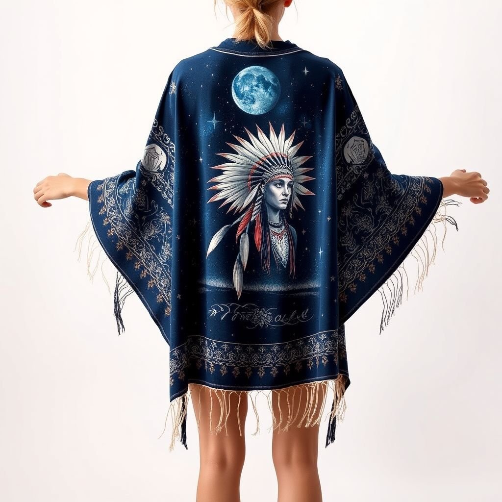 summer boho woman dark blue colors poncho which is handpainted of an american red indian in the sky
Design a captivating summer boho poncho for women, crafted from lightweight fabric in rich dark blue hues. Hand-painted with intricate illustrations of a mesmerizing American Indian beneath a starry sky, this piece features flowing sleeves, fringed edges, and a relaxed silhouette, exuding a mystical vibe perfect for sun-soaked adventures.