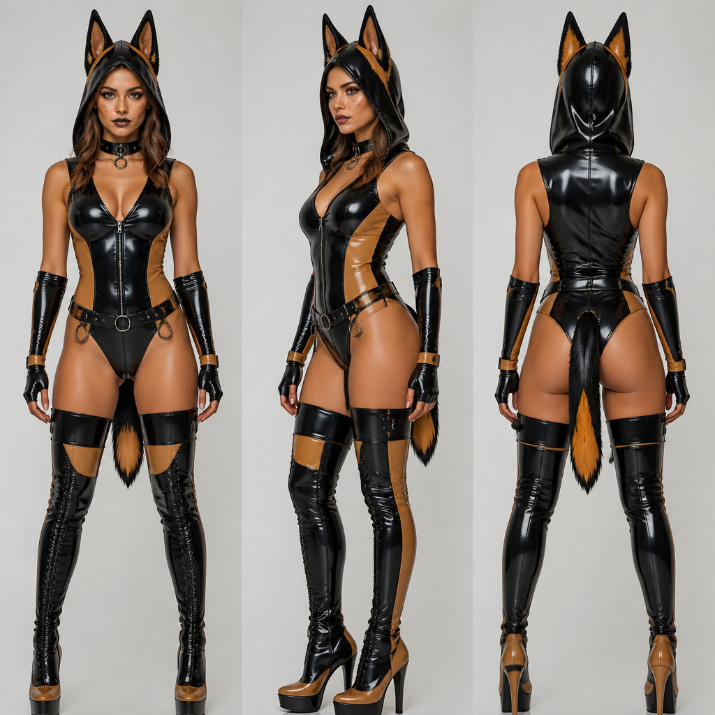 A Female Dress design, suitable for Summer. a PVC costume of a German shepherd dog cosplay with thigh high boots
photorealistic fashion design, A Female Dress design, suitable for Summer. a PVC costume of a German shepherd dog cosplay with thigh high boots, just the design no text