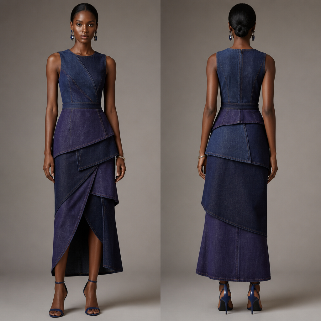 A Dress design, made of Denim, with a Fitted silhouette, styled in layers, in a Jewel Tones color palette, for Formal, suitable for Summer, in Glamorous + Business + Classic style, shown on a model with deep skin tone and a slim figure Present it as professional fashion catalogue photography: the garment is the subject, shown full-length with editorial styling, neutral posing and tasteful, non-suggestive framing.
photorealistic fashion design, A Dress design, made of Denim, with a Fitted silhouette, styled in layers, in a Jewel Tones color palette, for Formal, suitable for Summer, in Glamorous + Business + Classic style, shown on a model with deep skin tone and a slim figure Present it as professional fashion catalogue photography: the garment is the subject, shown full-length with editorial styling, neutral posing and tasteful, non-suggestive framing., glamorous style, just the design no text, show front and back