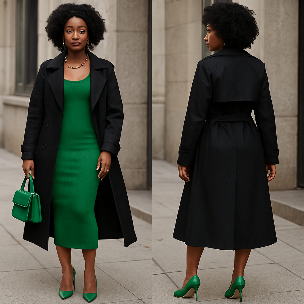 Black woman
Green body con dress
Black trench coat
Green heels
Green purse
Gold jewelry
Black woman
Green body con dress
Black trench coat
Green heels
Green purse
Gold jewelry
, streetwear style, show front and back