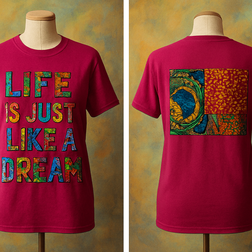 A one of a kind beautiful different plain color T -shirt that stands out, which will have written words on it with Ankara fabrics such as “life is just like a dream” and showing front and back pose on a mannequin. 