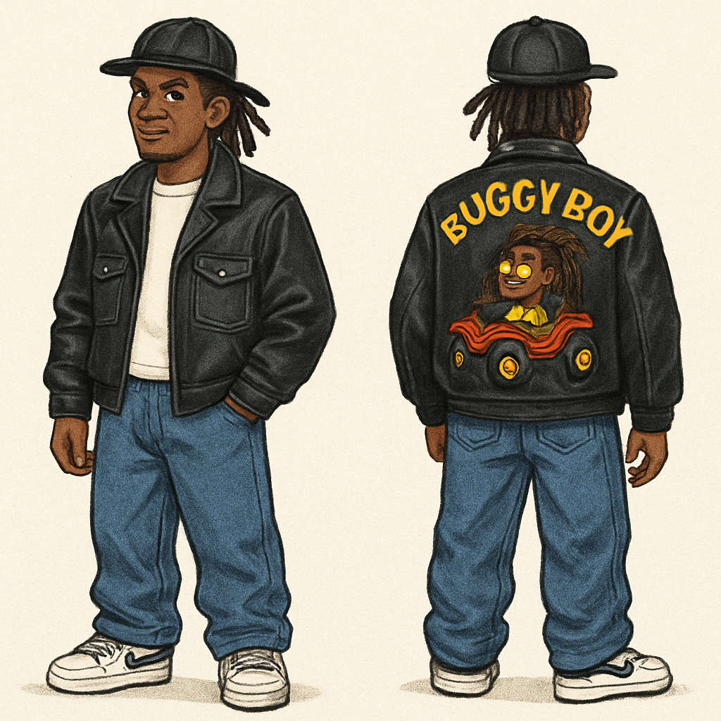 Black man wearing Buggy boy leather jacket in 90’s fashion street wear with a brown skin cartoon character with dreads in a dune buggy
Black man wearing Buggy boy leather jacket in 90’s fashion street wear with a brown skin cartoon character with dreads in a dune buggy
, streetwear style, show front and back