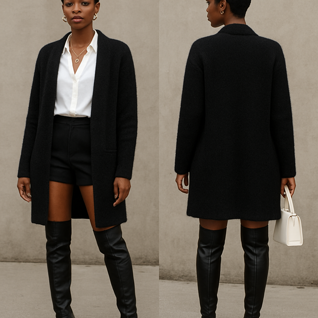 Black woman 
Pixie cut 
Long cardigan closed 
White blouse 
Black shorts 
Gold jewelry 
thigh high boots 
White purse 



Black woman 
Pixie cut 
Long cardigan closed 
White blouse 
Black shorts 
Gold jewelry 
thigh high boots 
White purse 

, streetwear style, show front and back
