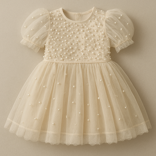 Fashion design — kids frock adorned with pearl and net material