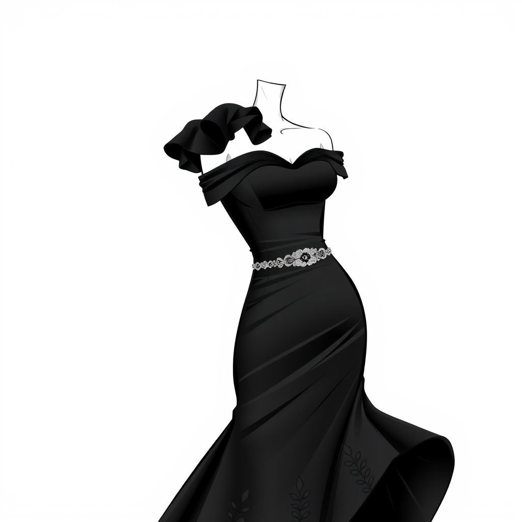 Black off shoulder dress
Design a sleek black off-shoulder dress featuring cascading ruffles that elegantly frame the neckline. The fitted bodice transitions into a flowing, asymmetric hemline, embodying modern femininity. Accentuate with delicate lace details and a shimmering belt cinched at the waist, ideal for an enchanting evening gala under the stars.