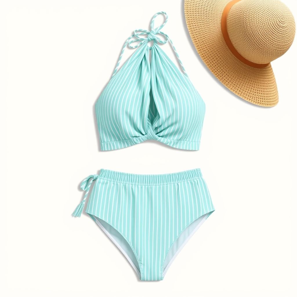 Too pieces swimwear with thin stripes - inspired by Ralph Lauren
Design a chic two-piece swimsuit featuring delicate thin stripes in ocean-inspired hues of aquamarine and sandy beige. The top boasts a halter neckline with a subtle knotted detail, while the high-waisted bottoms provide a flattering silhouette. Accentuate with lightweight cover-ups like a sheer sarong and a wide-brimmed straw hat for effortless beach elegance.