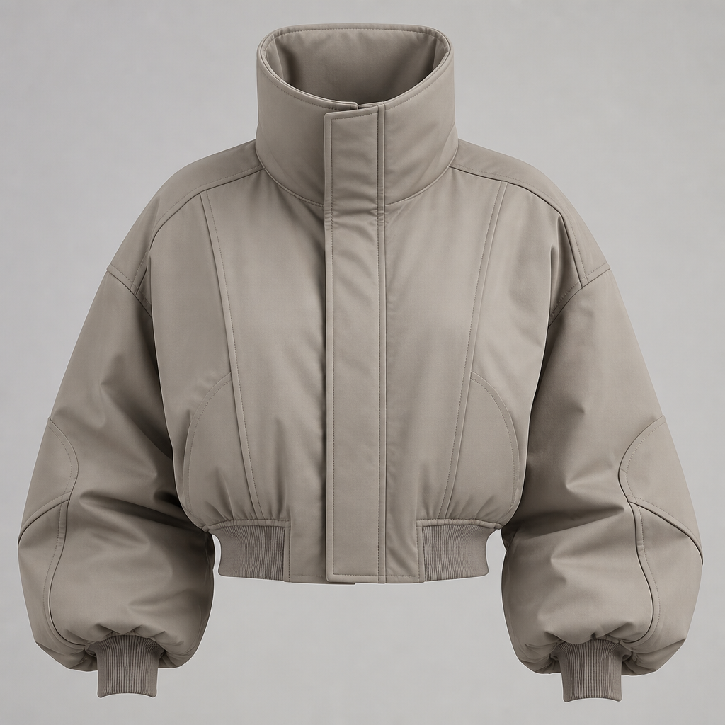 Create a luxury minimalist bomber jacket featuring a cropped silhouette, oversized fit, extra-high funnel neck, oversized balloon sleeves, dropped shoulder construction, ribbed hem and cuffs, hidden functional details, premium heavyweight cotton-nylon blend, clean architectural paneling, futuristic luxury streetwear aesthetic, highly detailed fashion concept, front view, no branding, photorealistic.
photorealistic fashion design, Create a luxury minimalist bomber jacket featuring a cropped silhouette, oversized fit, extra-high funnel neck, oversized balloon sleeves, dropped shoulder construction, ribbed hem and cuffs, hidden functional details, premium heavyweight cotton-nylon blend, clean architectural paneling, futuristic luxury streetwear aesthetic, highly detailed fashion concept, front view, no branding, photorealistic., just the design no text